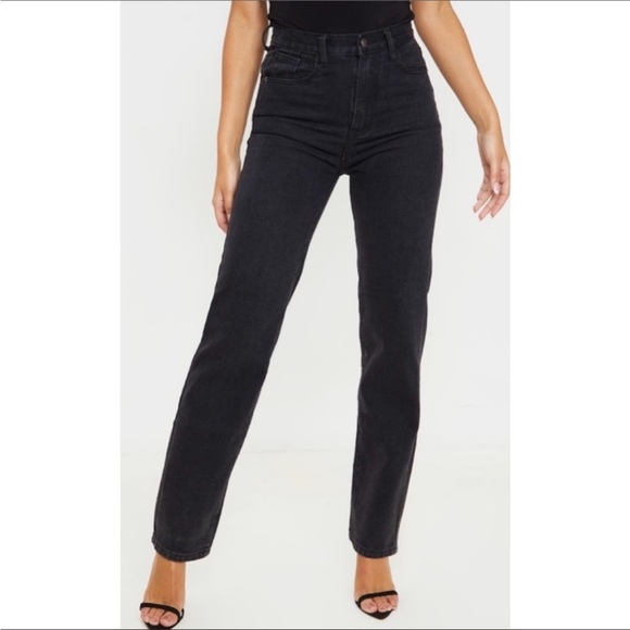 Pretty Little Thing Washed Black High Waist Straight Leg Jeans - Picture 3 of 9